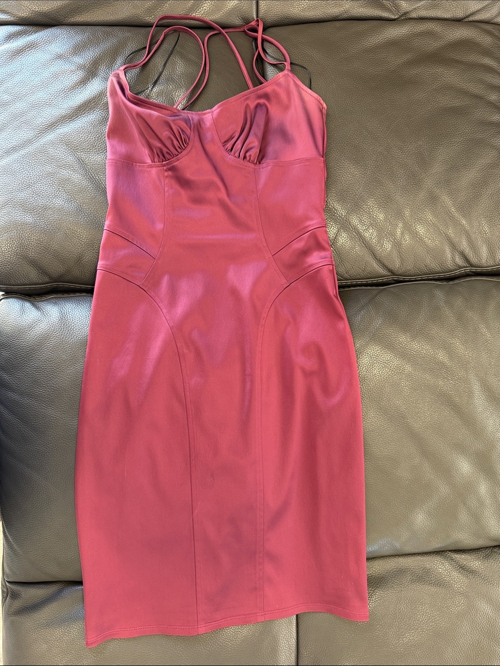 ABS Allen Schwartz Wine Red Midi Dress with Spaghetti Straps